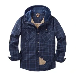 Men's Sherpa-Lined Hooded Flannel Shirt Jacket - Navy Plaid
