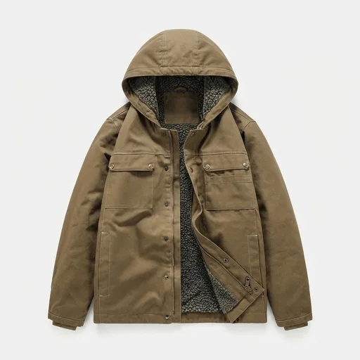 Men's Sherpa-Lined Hooded Canvas Jacket - Khaki