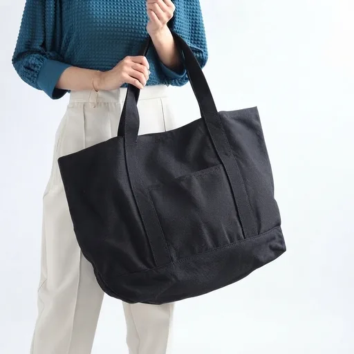 Oversized Canvas Tote Bag with Front Pocket - Black