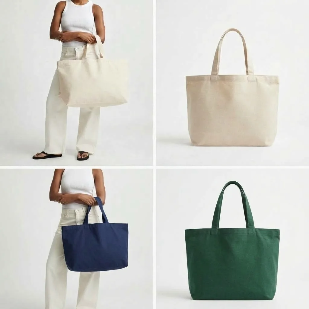 Oversized Canvas Tote Bag - Natural/Navy/Green