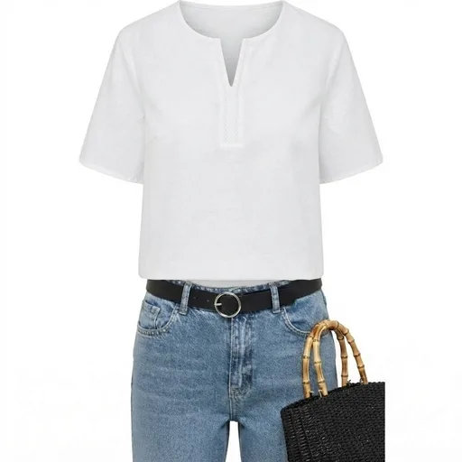 Women's Split-Neck Linen Blend Top - White