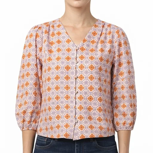 Women's Tile Print V-Neck Blouse - Orange/Lilac