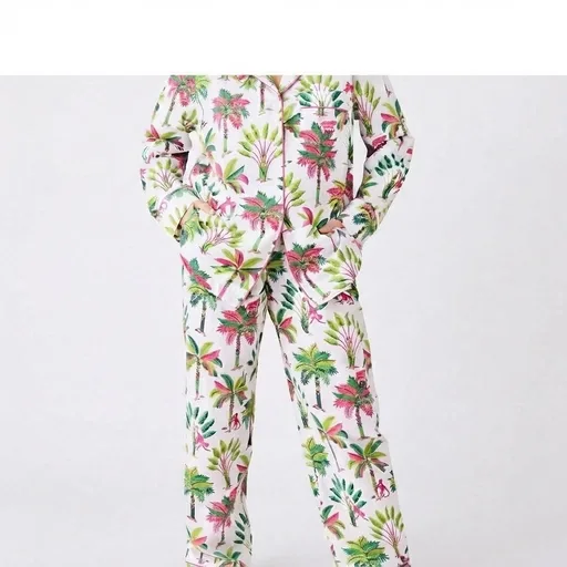 Women's Tropical Print Cotton Pyjama Set - Pink/Green