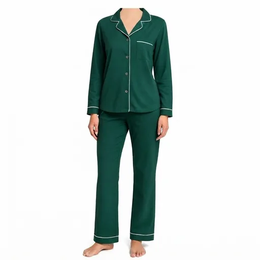 Women's Jersey Piped Pyjama Set - Forest Green