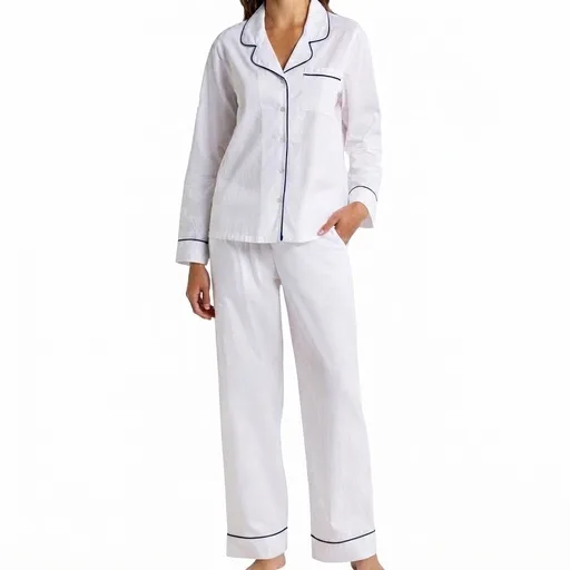 Women's Cotton Poplin Piped Pyjama Set - White/Navy